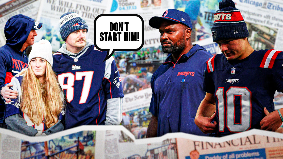 A newspaper as the background, Jerod Mayo and Drake Maye on one side, a bunch of New England Patriots fans on the other side with a speech bubble that says "Don't start him!"