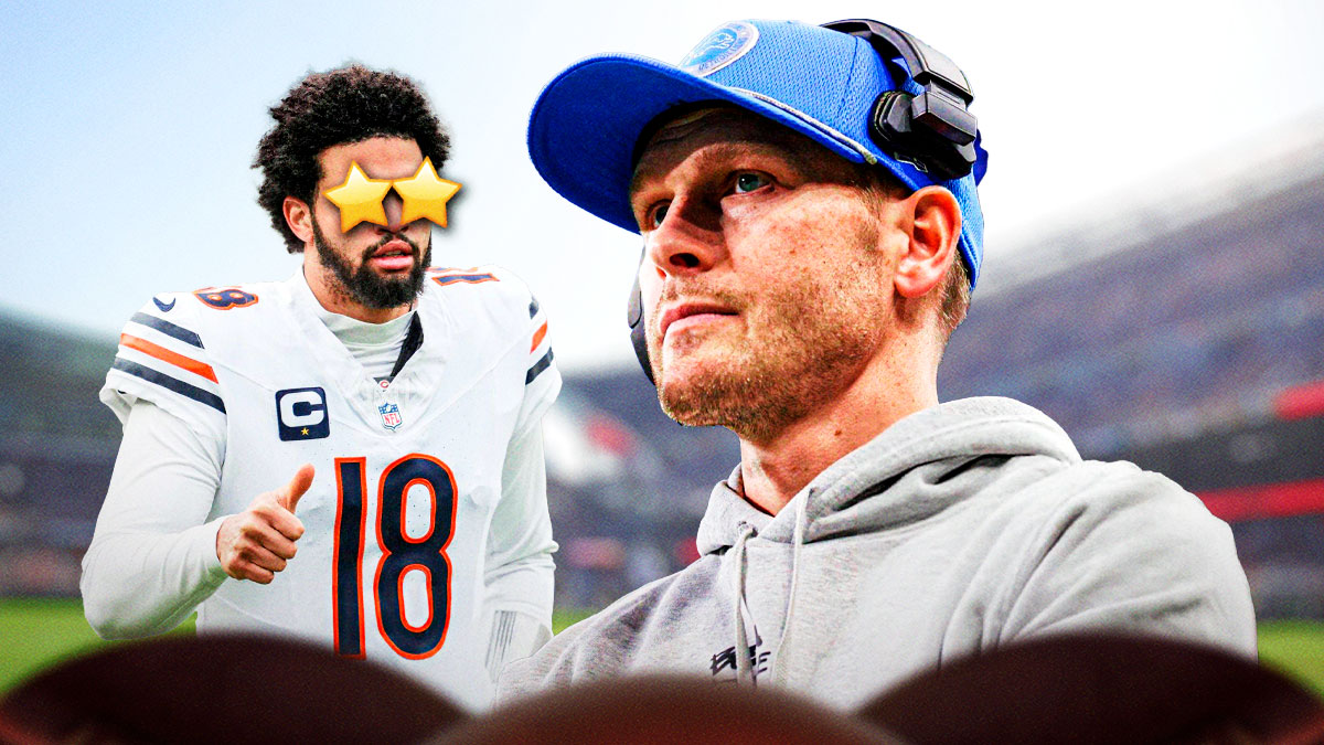 Bears Caleb Williams with stars in his eyes looking at Lions Ben Johnson