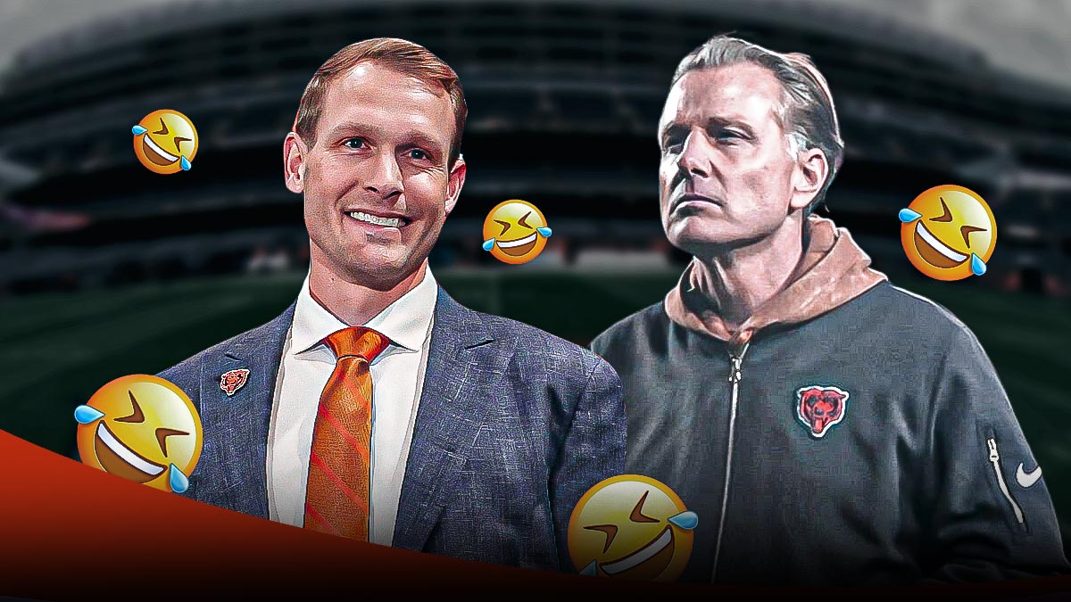 Bears head coach Ben Johnson looking happy/smiling next to Bears former head coach Matt Eberflus looking sad/upset. Multiple 😂 emojis in background. Background is Soldier Field.