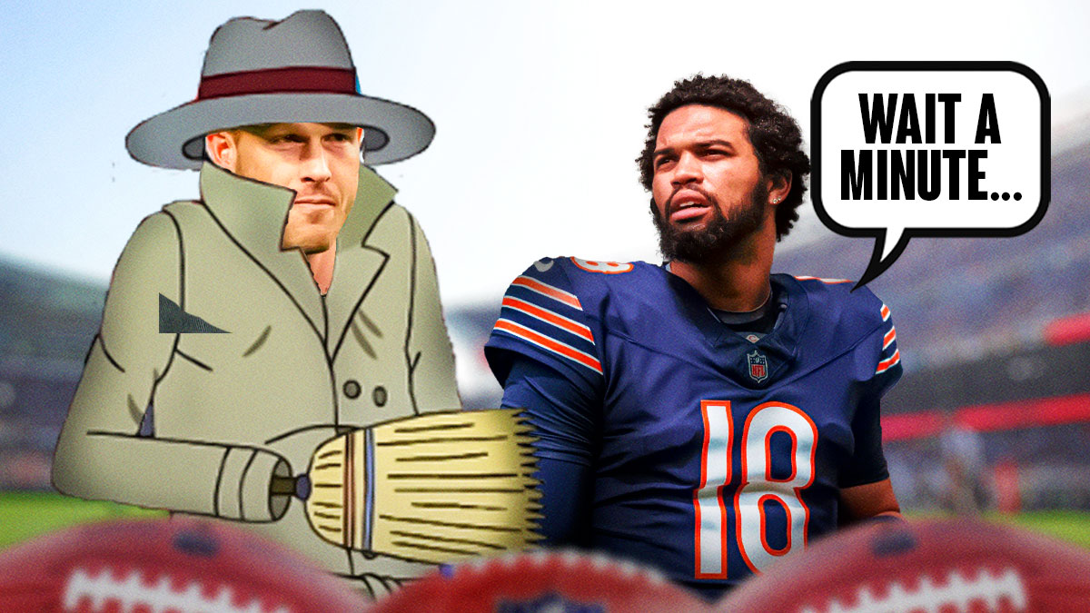 Detroit Lions OC Ben Johnson dressed as Vincent Adultman, standing next to Chicago Bears QB Caleb Williams. Background is Soldier Field.