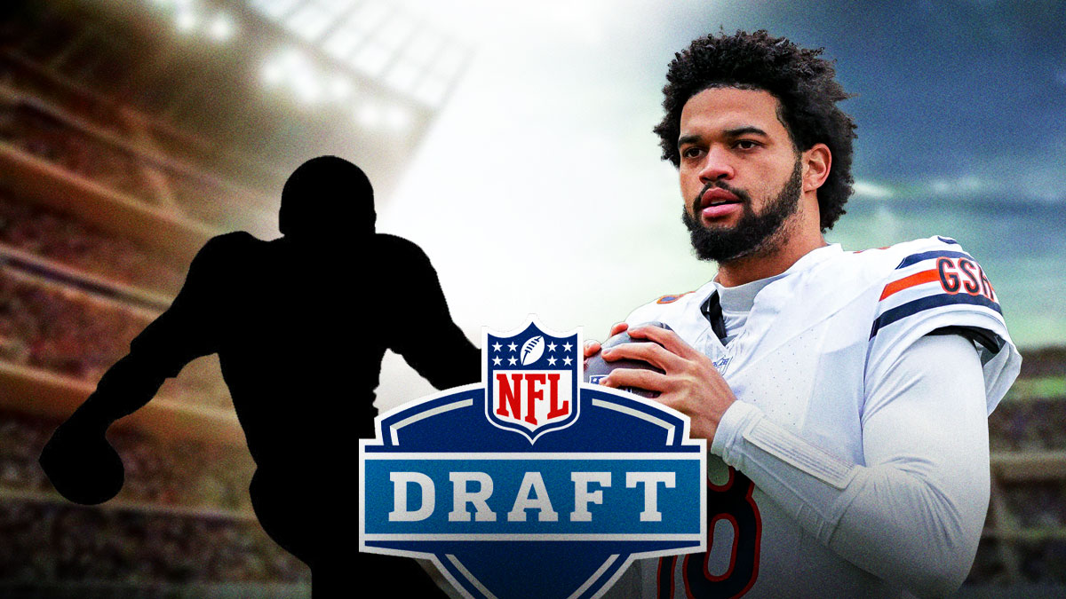 Caleb Williams standing next to mystery player with NFL Draft logo.