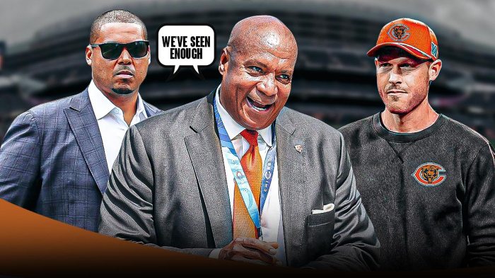 Bears GM Ryan Poles and president Kevin Warren smiling next to new head coach Ben Johnson. Above Poles and Warren, there's a speech bubble saying, "We've seen enough." Background is Soldier Field.