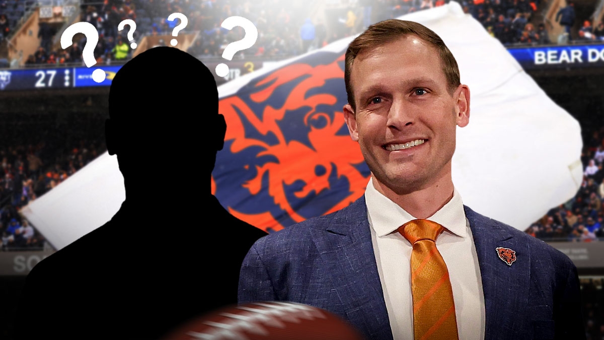 Bears logo in background with head coach Ben Johnson smiling, standing next to the SILHOUETTE of quarterback coach JT Barrett with question marks around him. Background is Soldier Field.