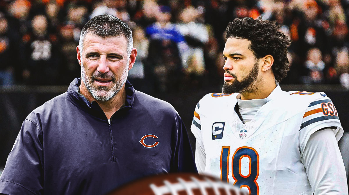 Mike Vrabel (In Bears gear) next to Caleb Williams
