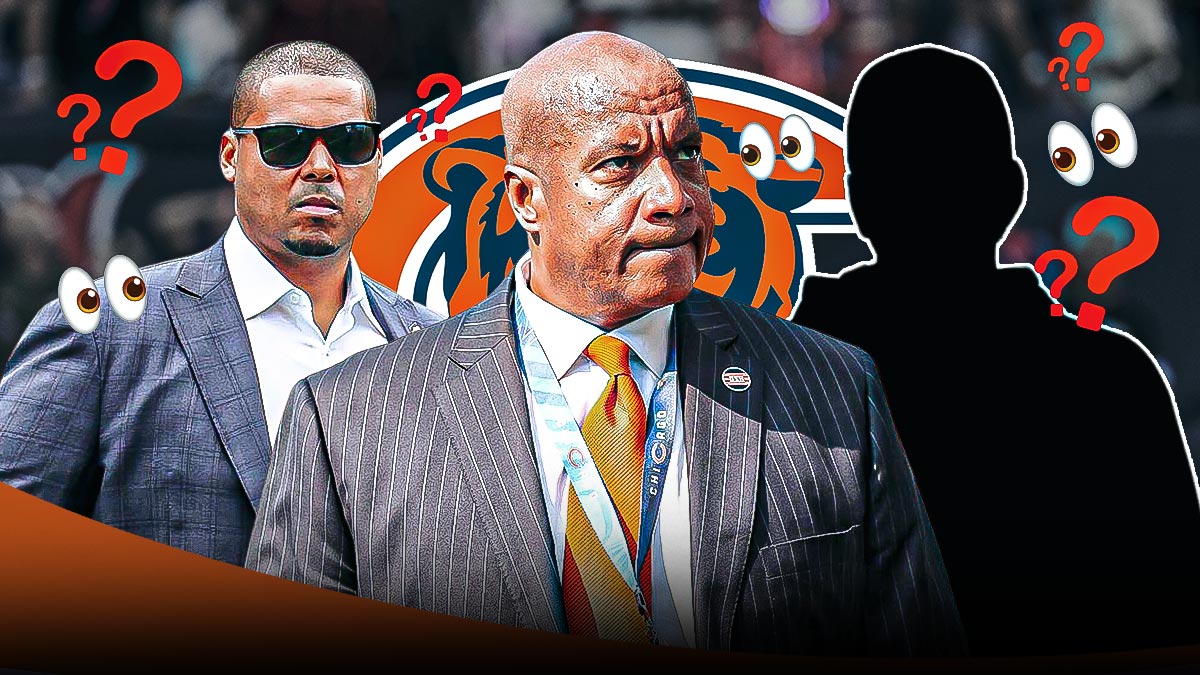 Chicago Bears GM Ryan Poles and president Kevin Warren standing next to SILHOUETTE of Baltimore Ravens OC Todd Monken. Behind them is a Bears logo. Multiple ❓ and 👀 emojis in background. Background is Soldier Field.