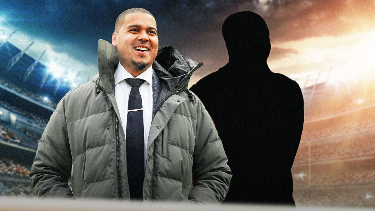Ryan Poles (Bears executive) with a silhouette of former Stanford head coach David Shaw