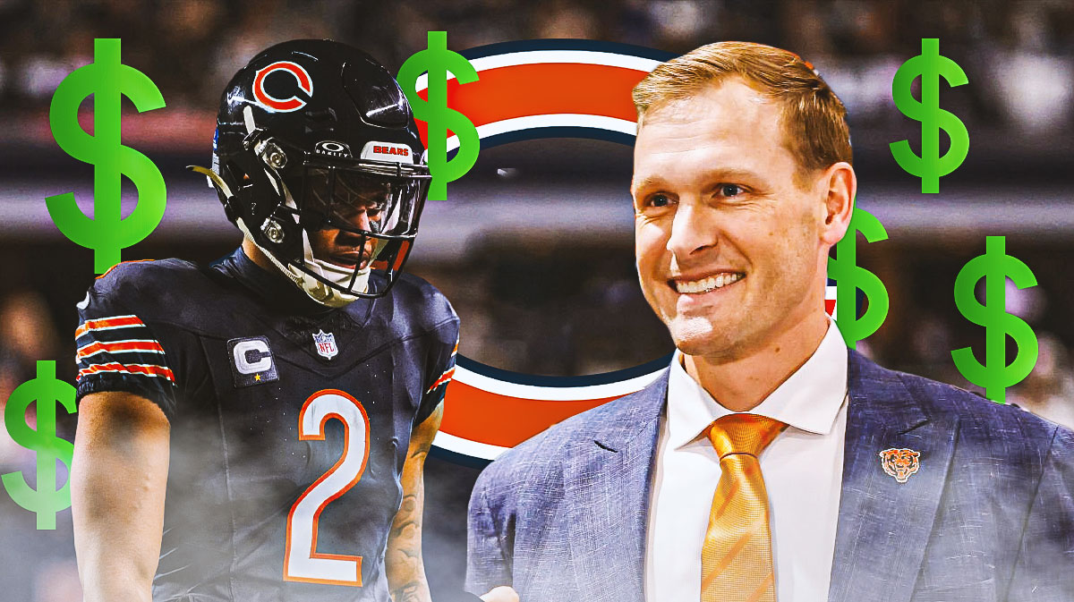 Chicago Bears WR DJ Moore with Bears head coach Ben Johnson. They are surrounded by green dollar sign emojis. There is also a logo for the Chicago Bears.