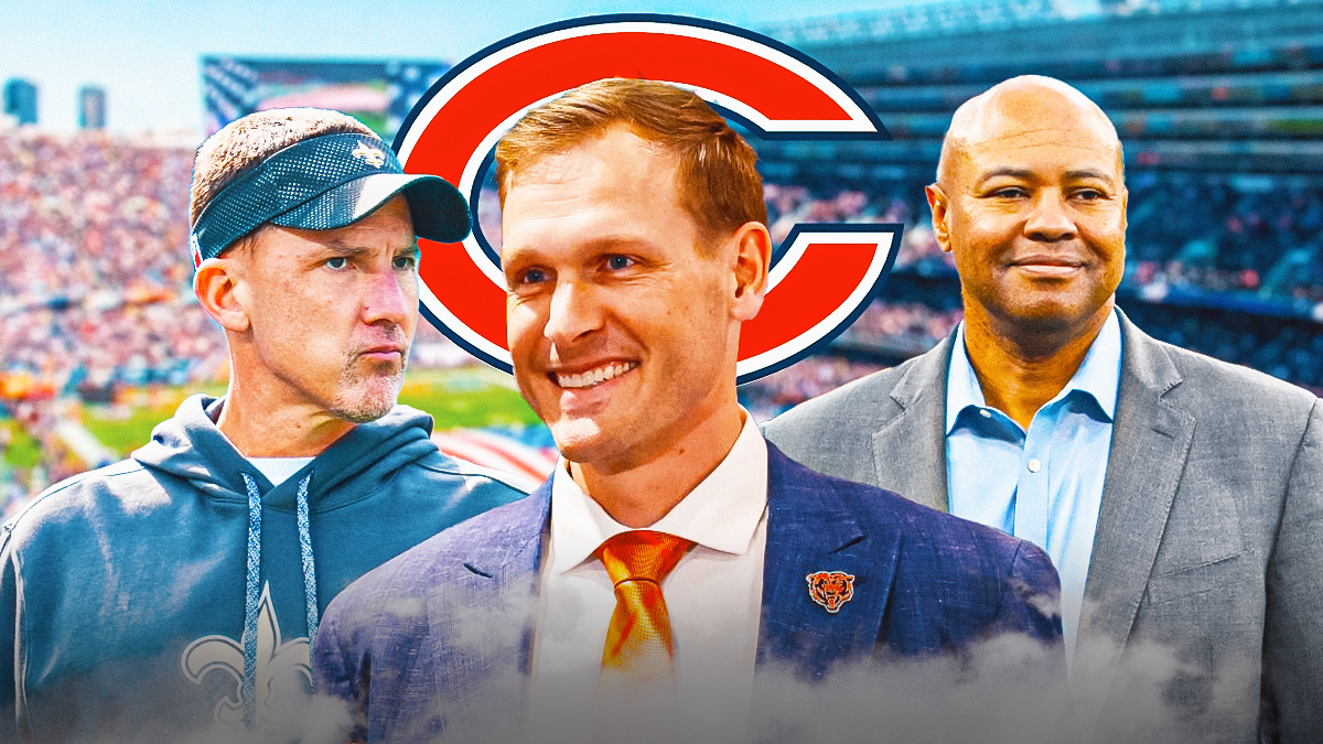 Bears head coach Ben Johnson (front middle) with former Saints head coach Dennis Allen on one side and Stanford offensive coordinator David Shaw on the other. Bears logo in background. Background is Soldier Field.