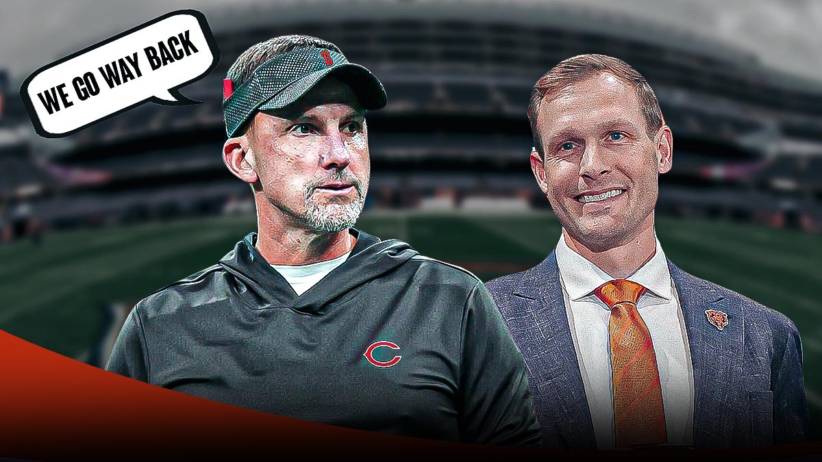 Bears defensive coordinator Dennis Allen smiling next to Bears head coach Ben Johnson who is also smiling. Above Allen's head is a speech bubble that says, "We go way back." Background is Soldier Field.