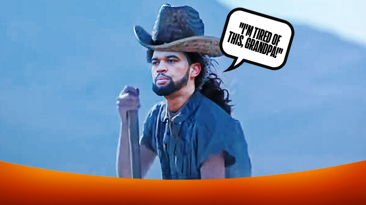 Chicago Bears QB Caleb Williams' head on young character from Holes' body with a speech bubble above his head saying, "I'm tired of this, grandpa!"
