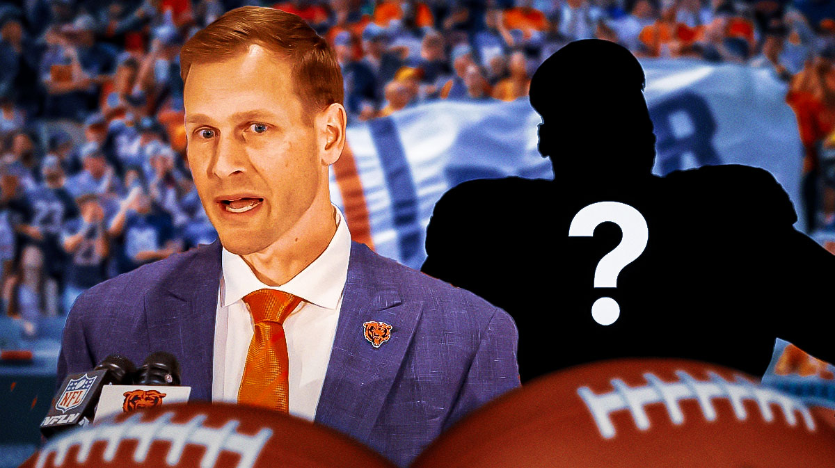 Chicago Bears head coach Ben Johnson with a silhouette of an American football player with a big question mark emoji inside. There is also a logo for the Chicago Bears.