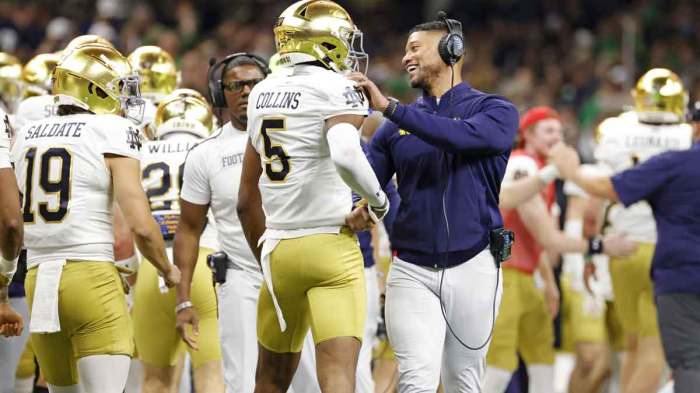 Notre Dame Fighting Irish wide receiver Beaux Collins (5) celebrates after scoring a touch down during the second quarter after the game during the first half at Caesars Superdome.