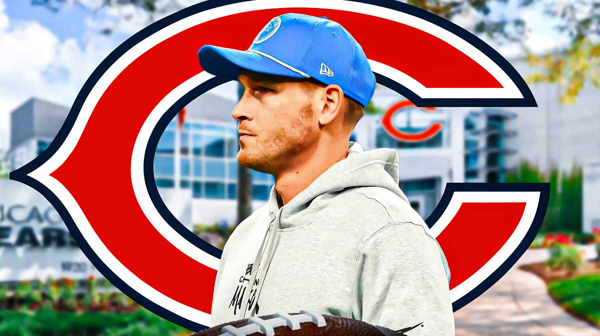 Lions Ben Johnson with Chicago Bears logo and Halas Hall in background