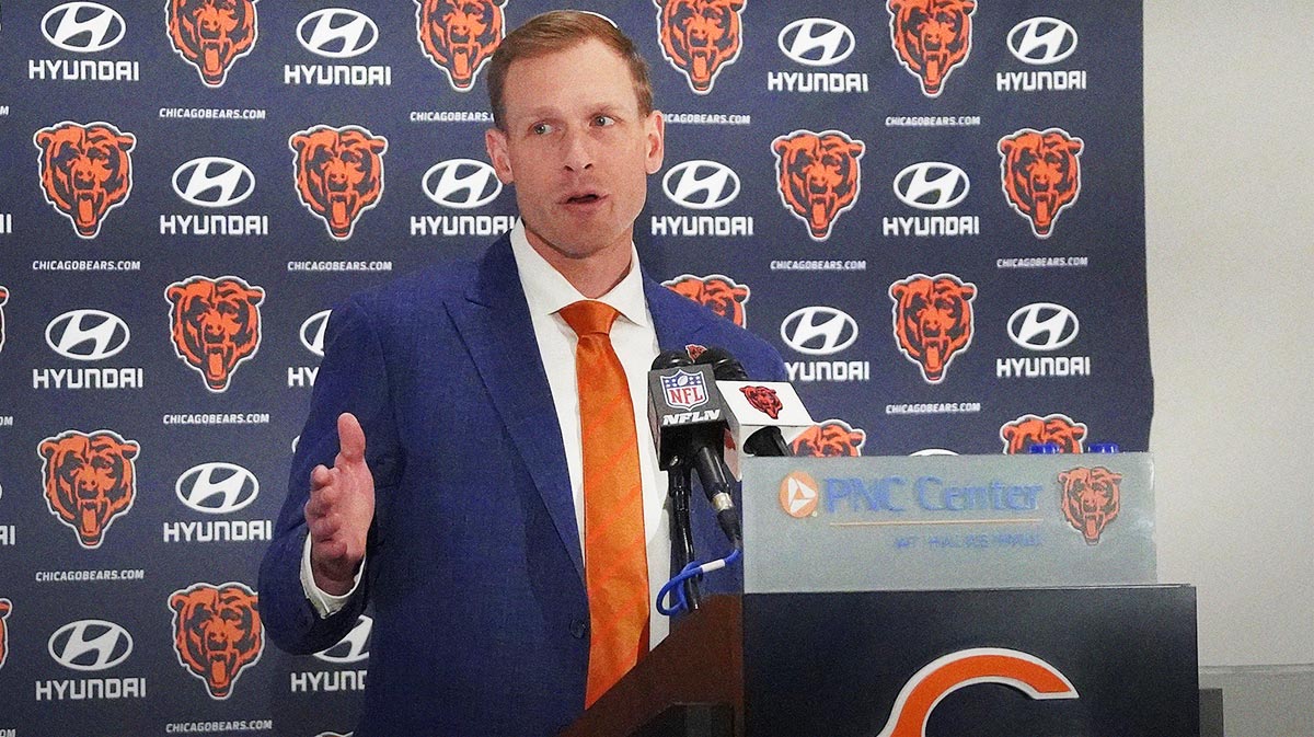 January 22, 2025; Lake Forest, IL, USA; Chicago Bears head coach Ben Johnson answers questions during an introductory press conference at the PNC Center.