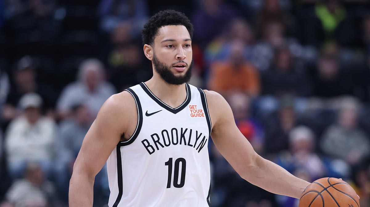 Brooklyn Nets guard Ben Simmons (10) bring the ball up the court against the Utah Jazz during the first quarter at Delta Center.