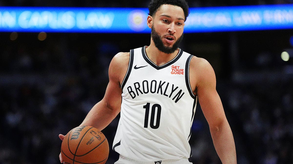 Brooklyn Nets Guard Ben Simmons (10) controls the ball in the second half against the Nuggets Nuggets on the balls of Arena.