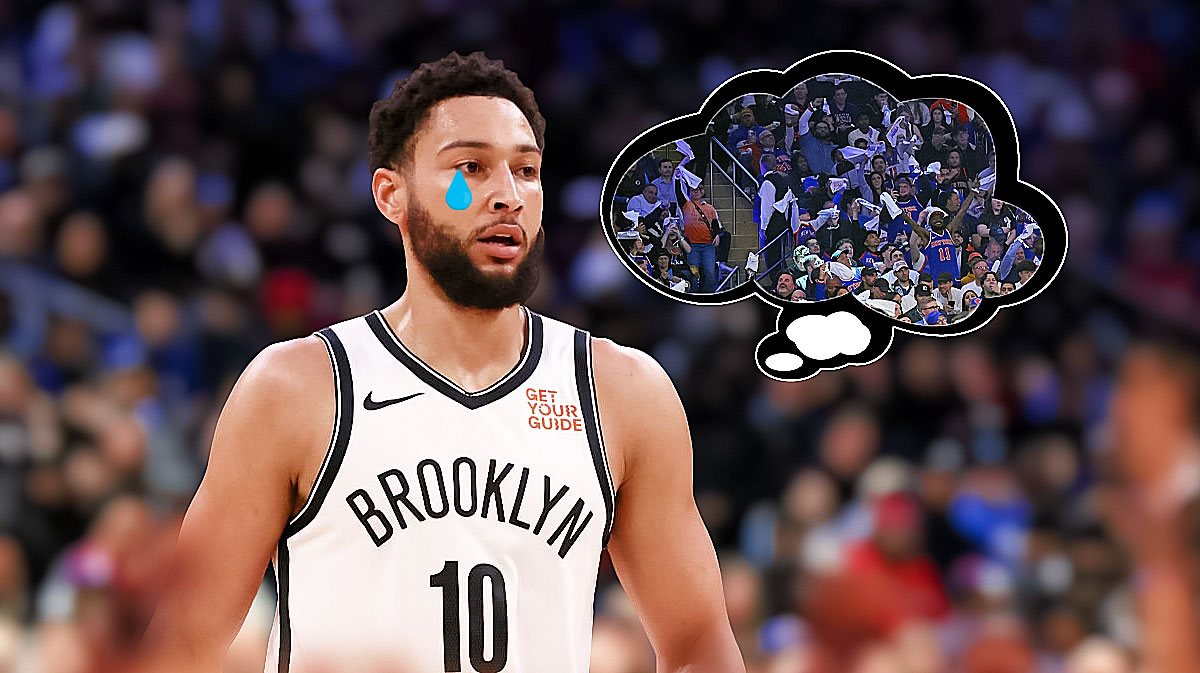 Ben Simmons with a thought bubble of a packed 76ers arena (Wells Fargo Center) and a teardrop going down his eye.