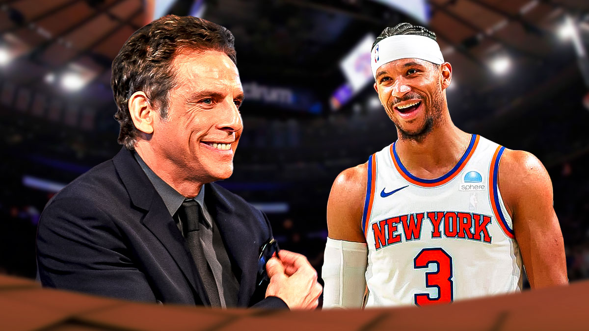 Image of Ben Stiller looking hyped and happy next to an image of Knicks Josh Hart smiling and looking happy