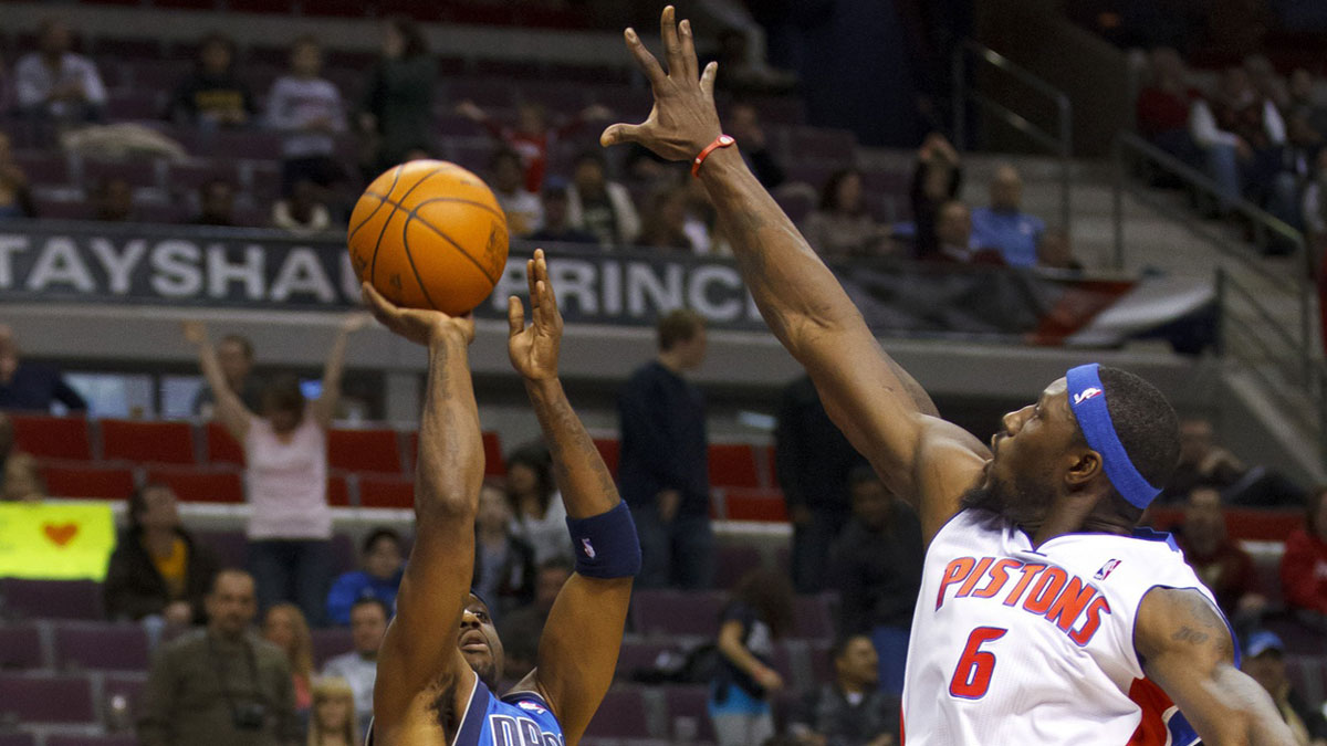 Dallas Mavericks guard Rodrigue Beaubois (3) shots the ball on Detroit Pistons center Ben Wallace (6) in the second quarter at The Palace.