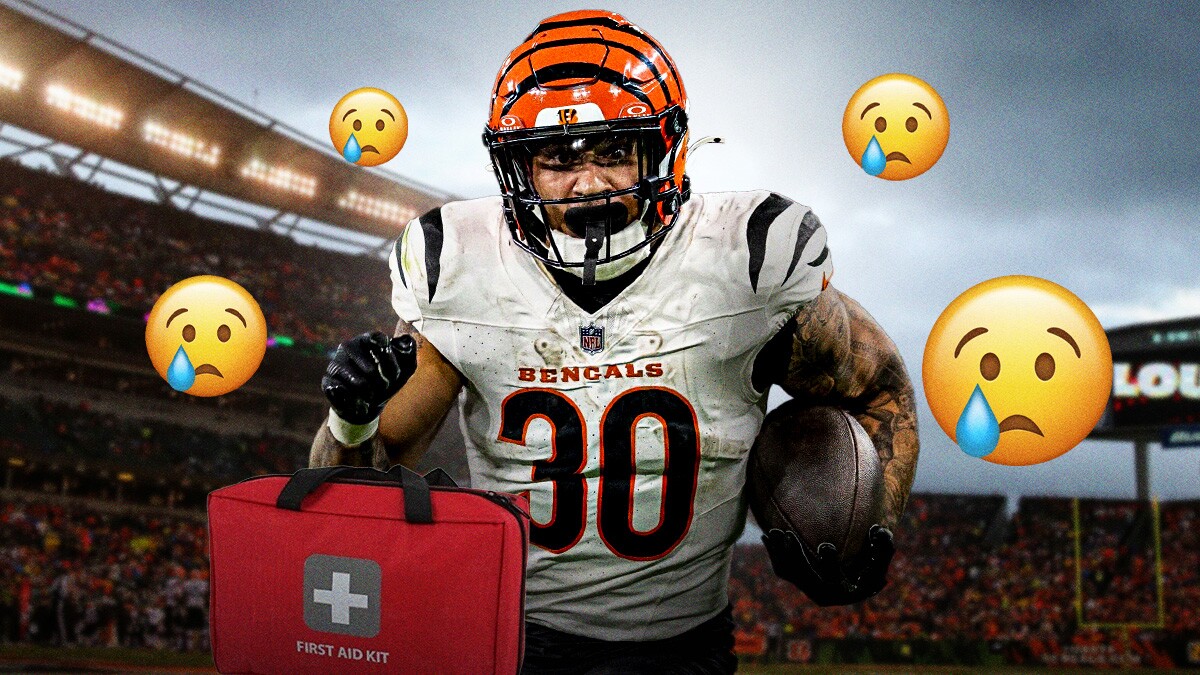 Bengals running back Chase Brown with crying emojis around him and medical kits around him
