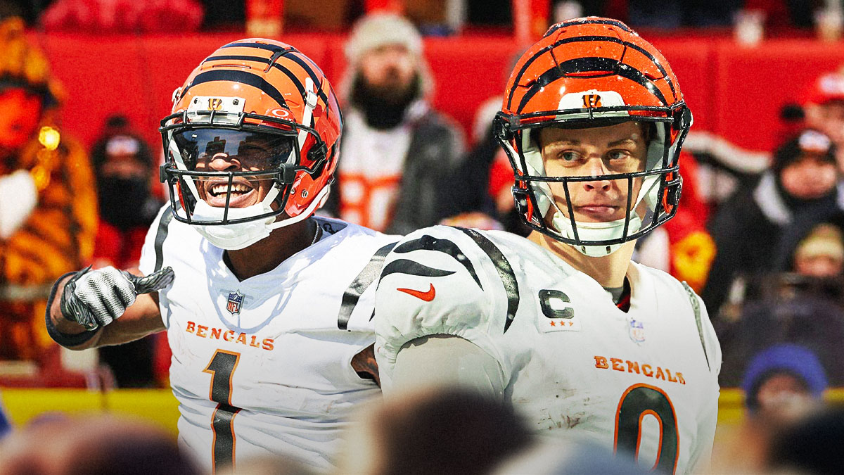 Joe Burrow and Ja'Marr Chase in Cincinnati Bengals uniforms with the word Playoffs? as the Bengals could still reach the postseason.
