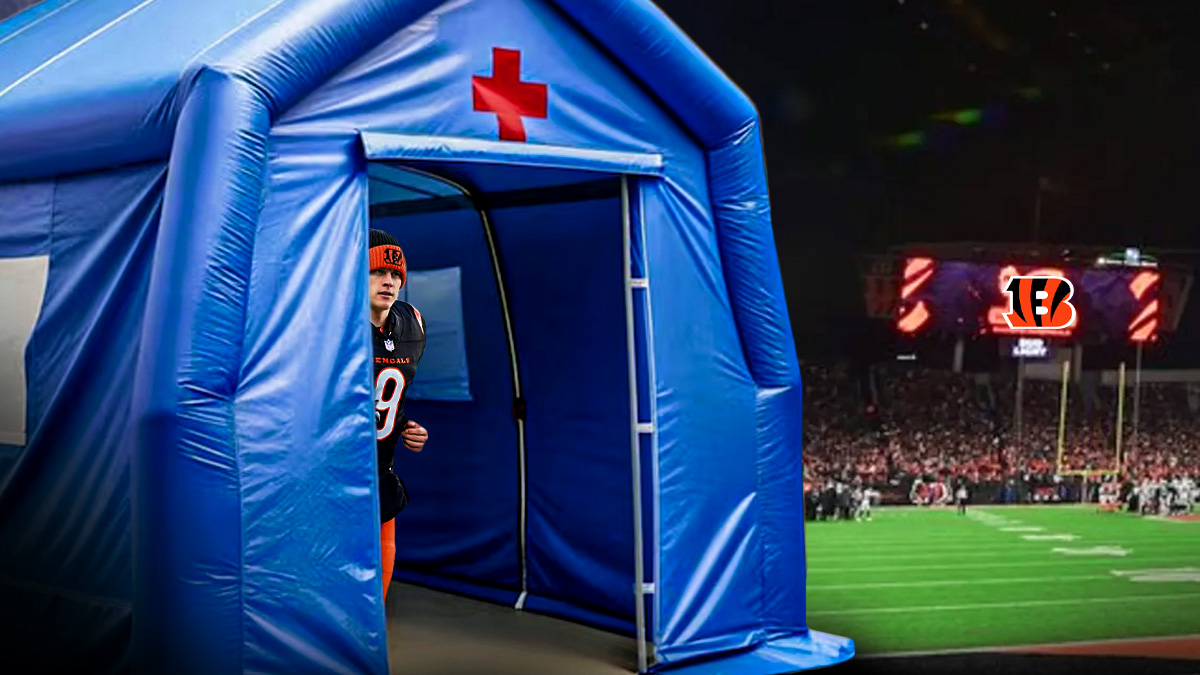 The NFL medical tent, with Joe Burrow's head peaking out of the tent, and the Bengals logo in the background