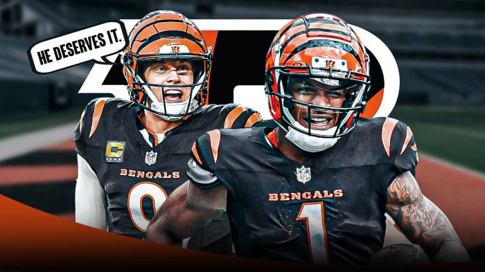 Joe Burrow and Ja'Marr Chase in the center, the Bengals logo behind them, and a speech bubble from Burrow saying, 'He deserves it.'
