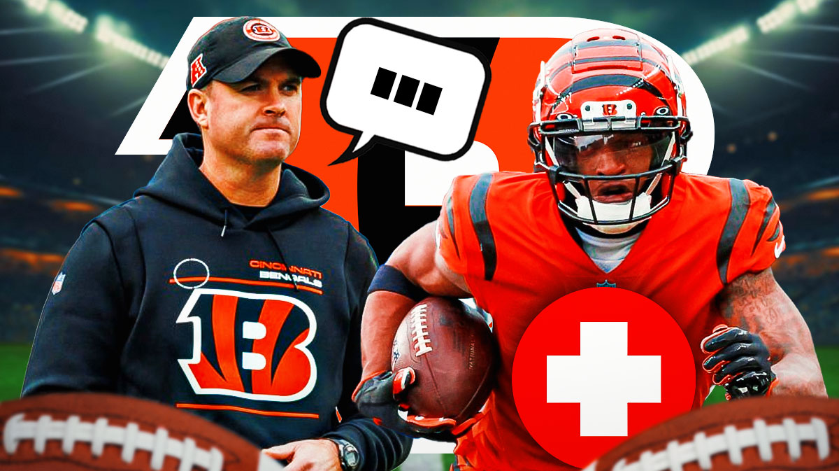 Cincinnati Bengals head coach Zac Taylor with a speech bubble that has the three dots emoji inside. He is next to Bengals RB Chase Brown with an injury symbol. There is also a logo for the Cincinnati Bengals.