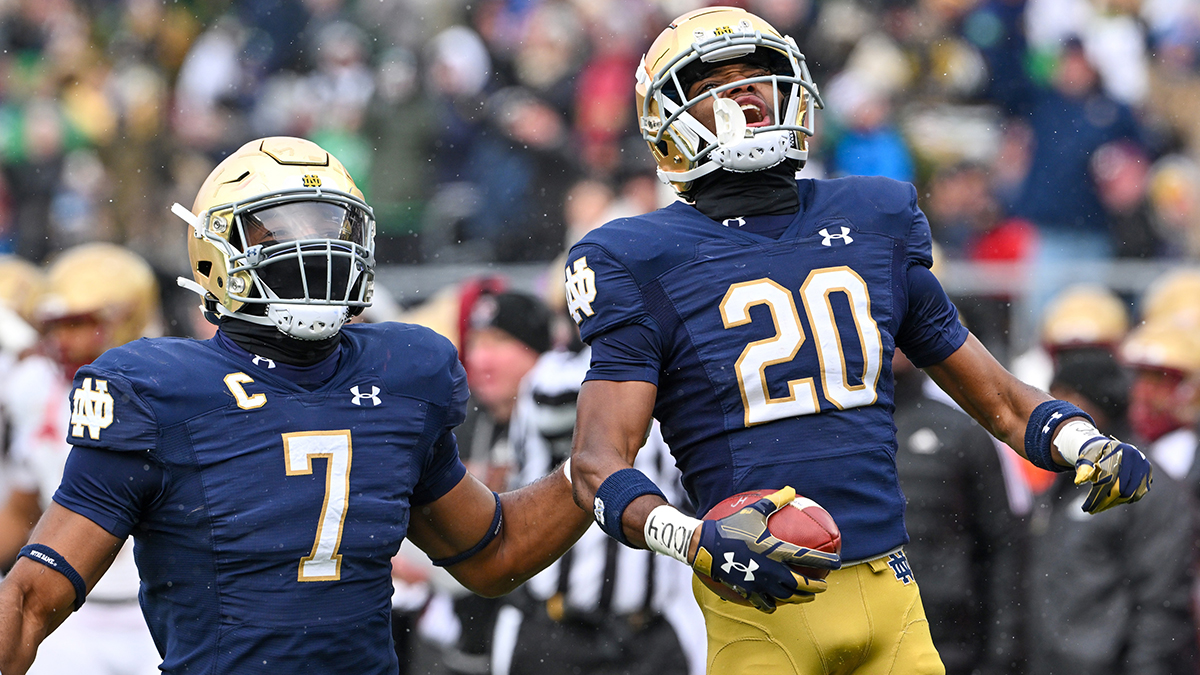 Notre Dame Fighting Irish cornerback Benjamin Morrison (20) celebrates after an interception in the first quarter against the Boston College Eagles at Notre Dame Stadium.