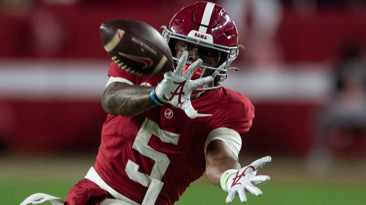 Alabama Crimson Tide wide receiver Germie Bernard (5) catches a pass as Auburn Tigers take on Alabama Crimson Tide at Bryant-Denny Stadium in Tuscaloosa, Ala., on Saturday, Nov. 30, 2024. Alabama Crimson Tide defeated Auburn Tigers 28-14.