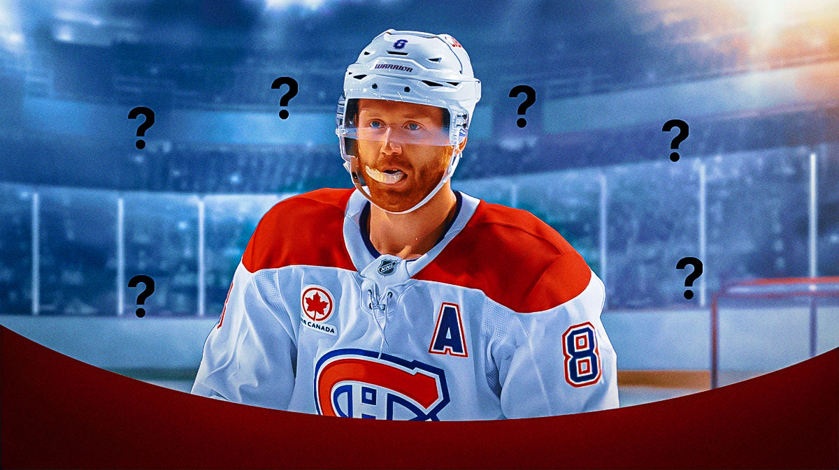 Mike Matheson looking stern, 3-5 question marks in image, hockey rink in background