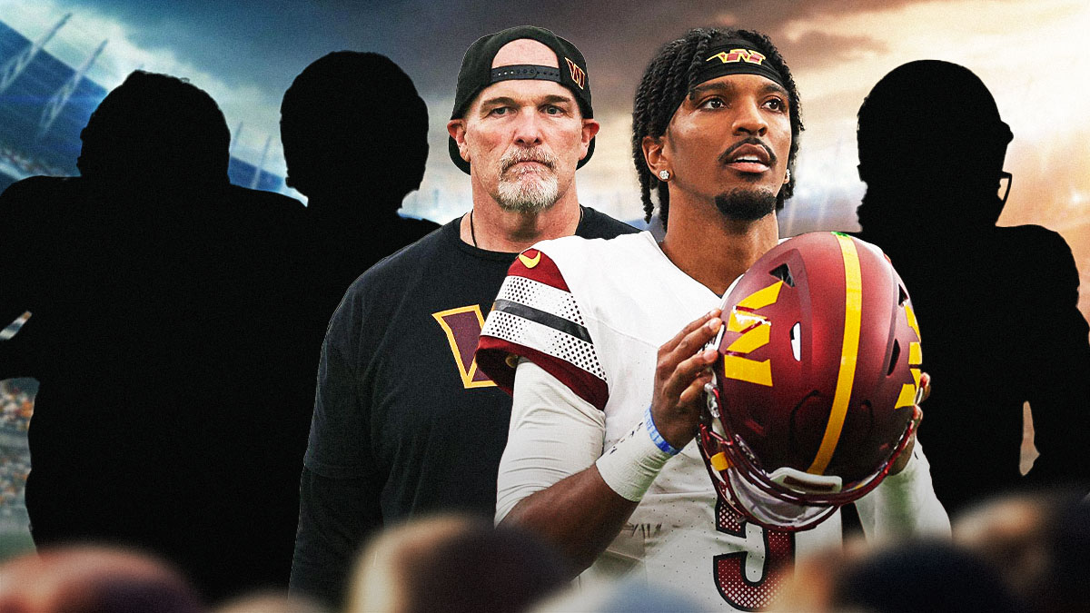 Commanders head coach Dan Quinn and Jayden Daniels in the middle with 3 mystery players around them.