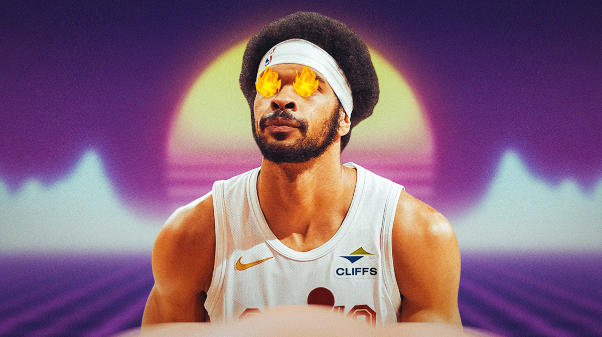 Jarrett Allen (with arms wide open) with fire in his eyes featuring an 80s-style vaporware zone background.