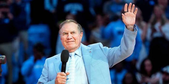 Dec 14, 2024; Chapel Hill, North Carolina, USA; North Carolina Tar Heels head football coach Bill Belichick during half time at Dean E. Smith Center. Mandatory Credit: Bob Donnan-Imagn Images