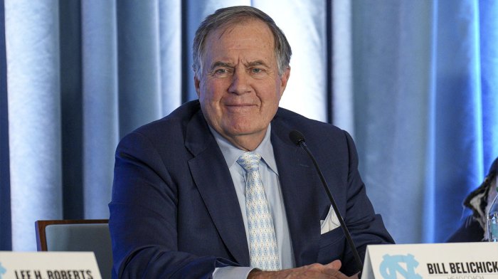 North Carolina Tar Heels new head coach Bill Belichick speaks to those attending his hiring announcement at Loudermilk Center for Excellence.