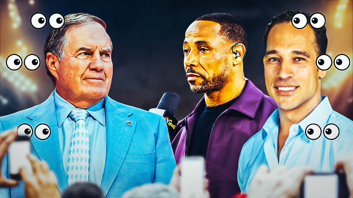 Bill Belichick on one side, Rodney Harrison and Christian Fauria on the other side with the big eyes emojis around them