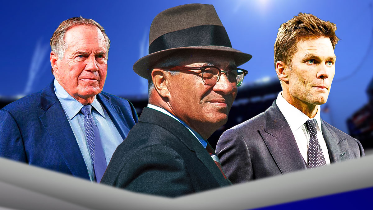 An old photo of Vince Lombardi in the middle of Bill Belichick and Tom Brady