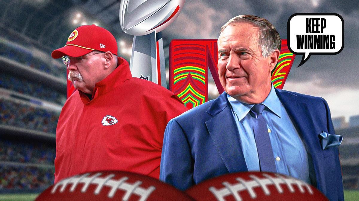 Bill Belichick with a thought bubble that says "Keep winning" and Kansas City Chiefs head coach Andy Reid next to him, and the Super Bowl LIX logo in the background.