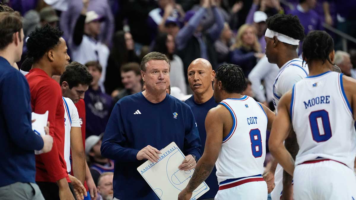Kansas Jayhawks head coach Bill Self speaks to his team during a timeout against the TCU Horned Frogs during the first half at Ed and Rae Schollmaier Arena.