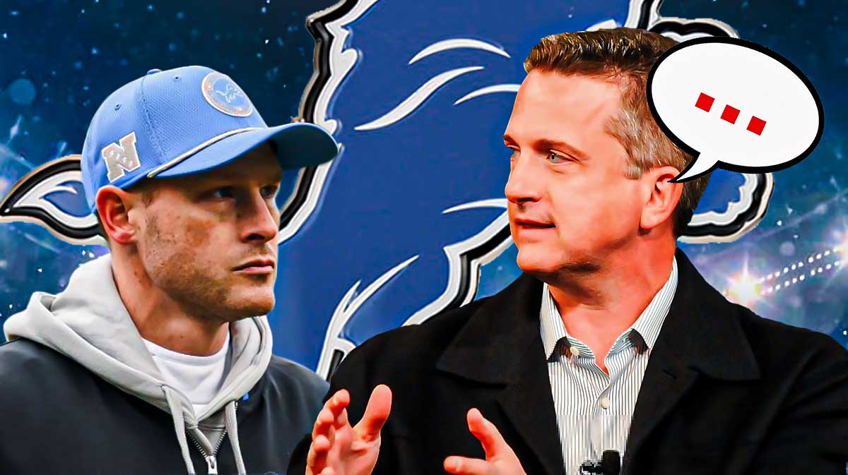 American sportswriter Bill Simmons with a speech bubble that has the three dots emoji inside. He is next to Detroit Lions offensive coordinator Ben Johnson. There is also a logo for the Detroit Lions.