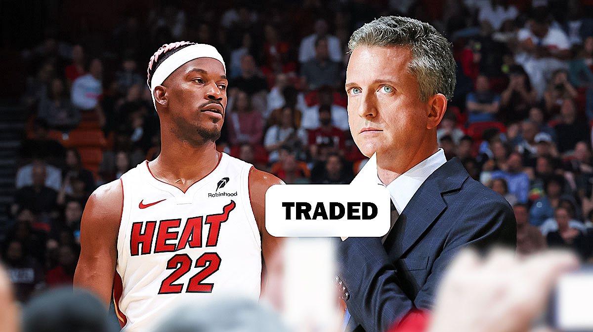 Bill Simmons with a thought bubble that says "Traded" and Heat forward Jimmy Butler is pictured next to him.