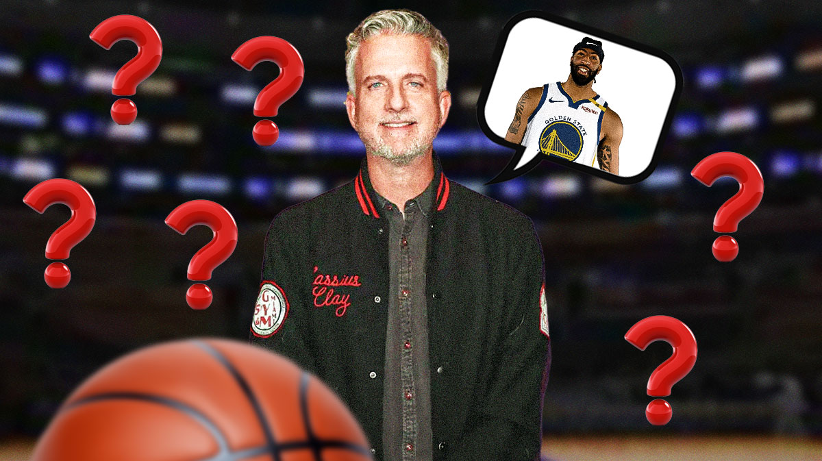 Bill Simmons with a thought bubble that has Anthony Davis in a Golden State Warriors jersey with question marks around Simmons.