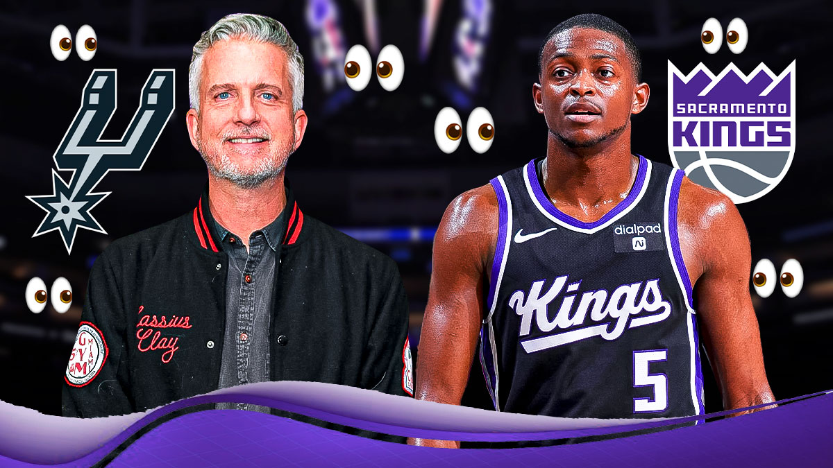 Bill Simmons, De'Aaron Fox, Sacramento Kings and San Antonio Spurs logos in background, eyes symbols surrounding Simmons and Fox