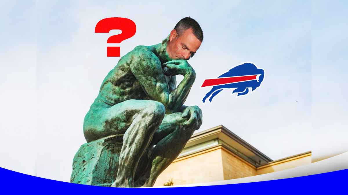 Bills GM Brandon Beane on "The Thinker" with a Bills logo in the back and a red question mark, thinking about free agency targets.