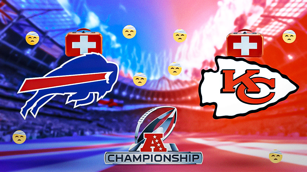 Bills logo on the left and Chiefs logo on the right. AFC Championship logo in between in the middle. Medical kits behind each logo. 🤕 emojis mixed throughout the background. Background is Arrowhead Stadium.