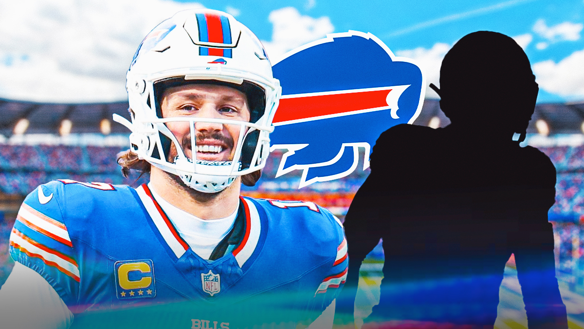 image of Josh Allen looking happy and hyped next to a silhouette of Bills linebacker Terrel Bernard. Bills logo in background
