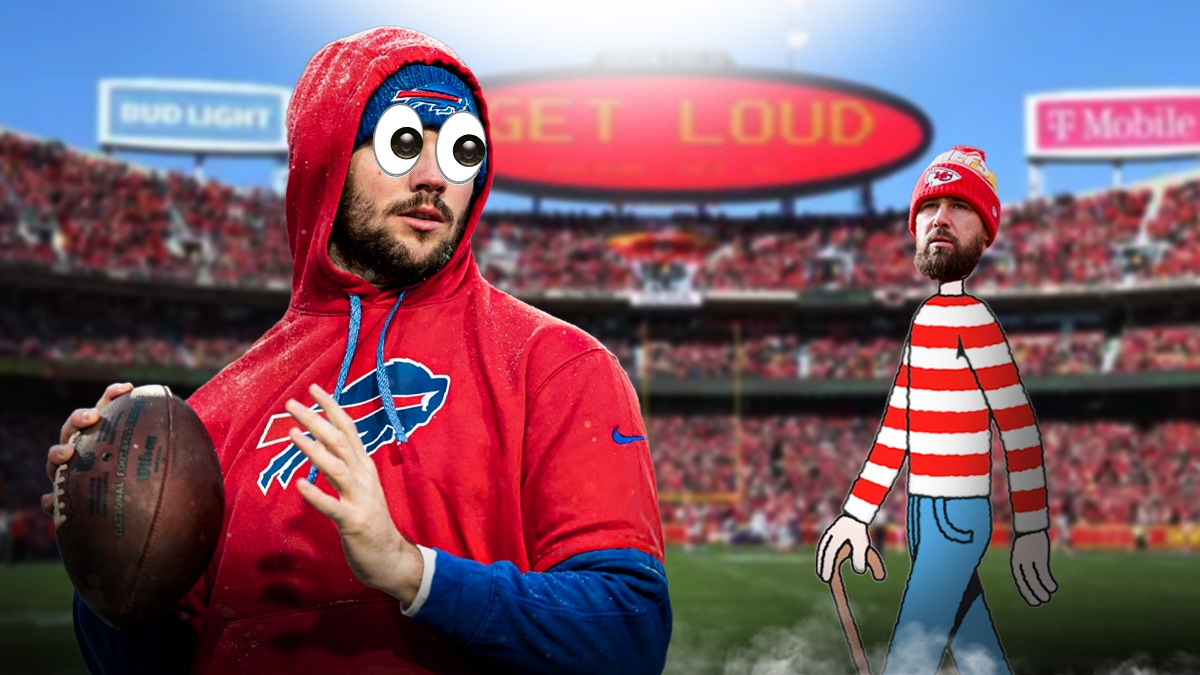 Bills QB Josh Allen with 👀 emoji over his eyes. Next to Allen, please put Travis Kelce's face on Where's Waldo character. Background is Arrowhead stadium.