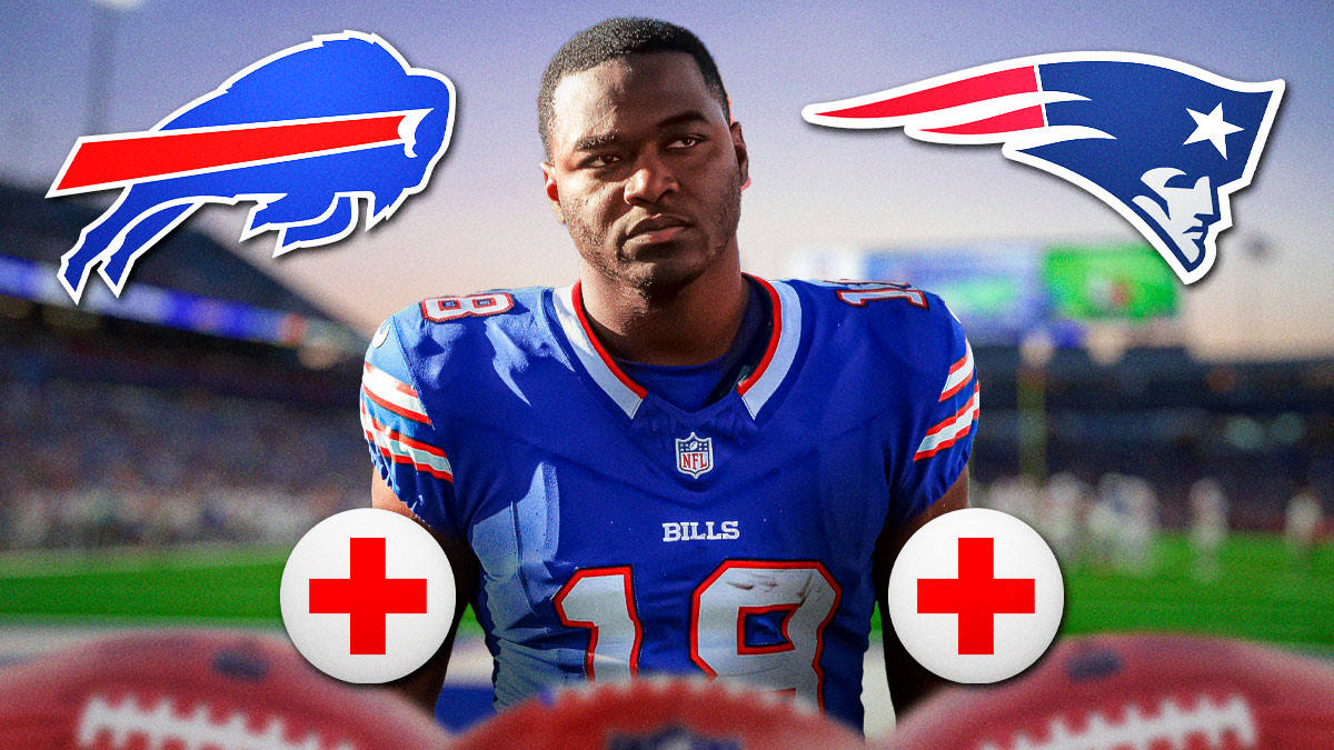 Amari Cooper next to Bills and Patriots logos with medical alert.