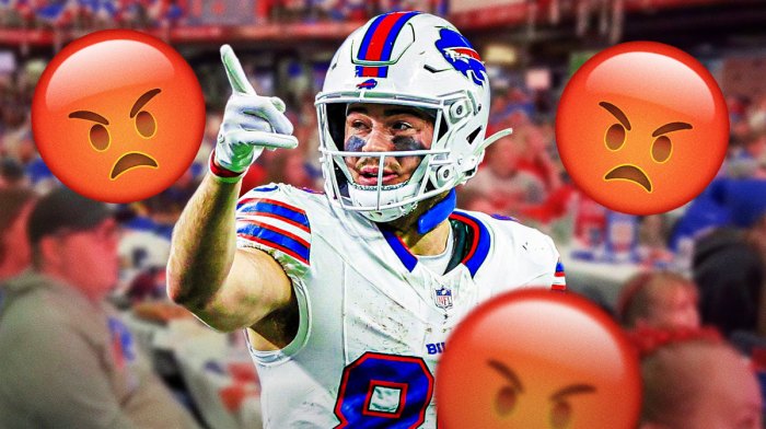 Dalton Kincaid on one side, a bunch of Buffalo Bills fans on the other side with angry emojis around them