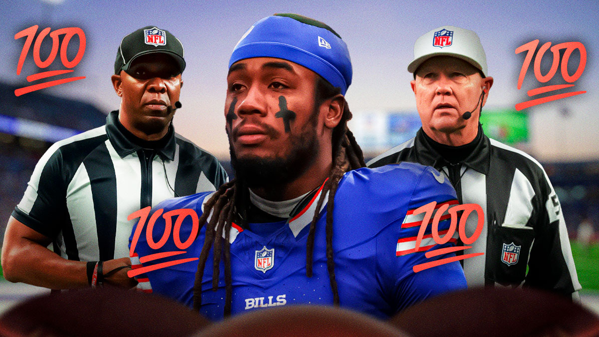 James Cook in a Buffalo Bills uniform with NFL referees on either side of him and 100 emojis